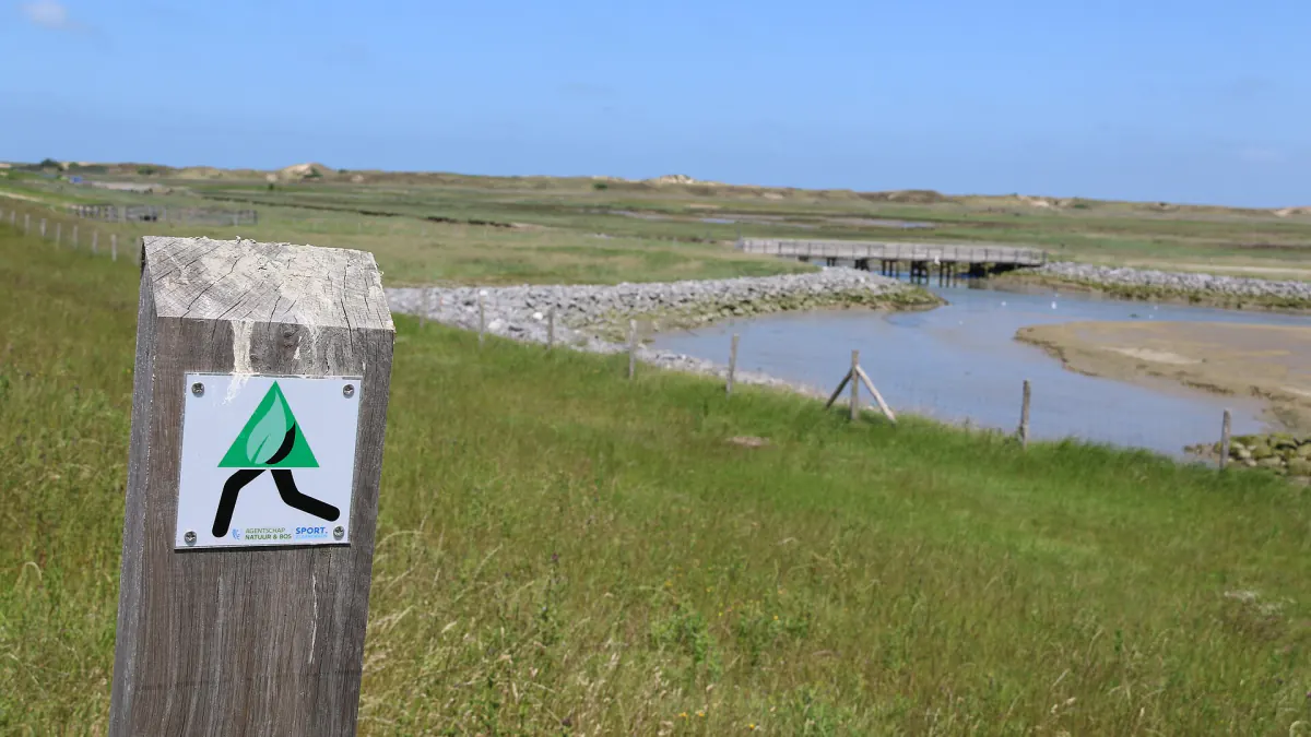 Digue herbeuse et ruisseau dans la plaine du Zwin, avec un poteau de sentier balisé au premier plan